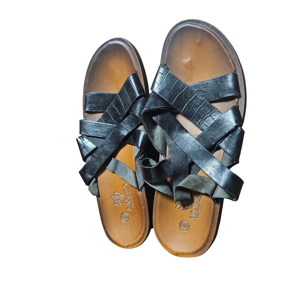 Adolfo New York Milan Mens Black Croc Embossed Multi Strap Slide Sandals 10.5